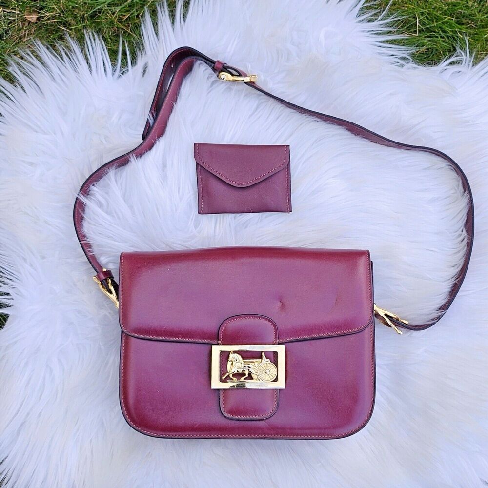 Vintage CELINE Horse Carriage Burgundy Italy Leather Shoulder Bag w Wallet